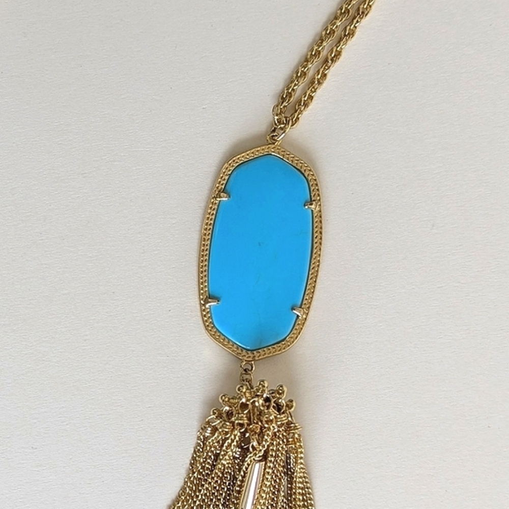 Kendra Scott Gold Necklace with Bright Turquoise Blue Pendant and Tassel - Picture 4 of 10